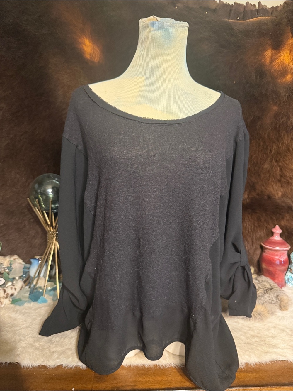 Black Women's Long Sleeve Scoop Neck Top L (3045A)